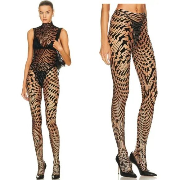 Mugler Footed Star Legging inBlack Sheer Mesh Flocked Tights - Picture 1 of 6